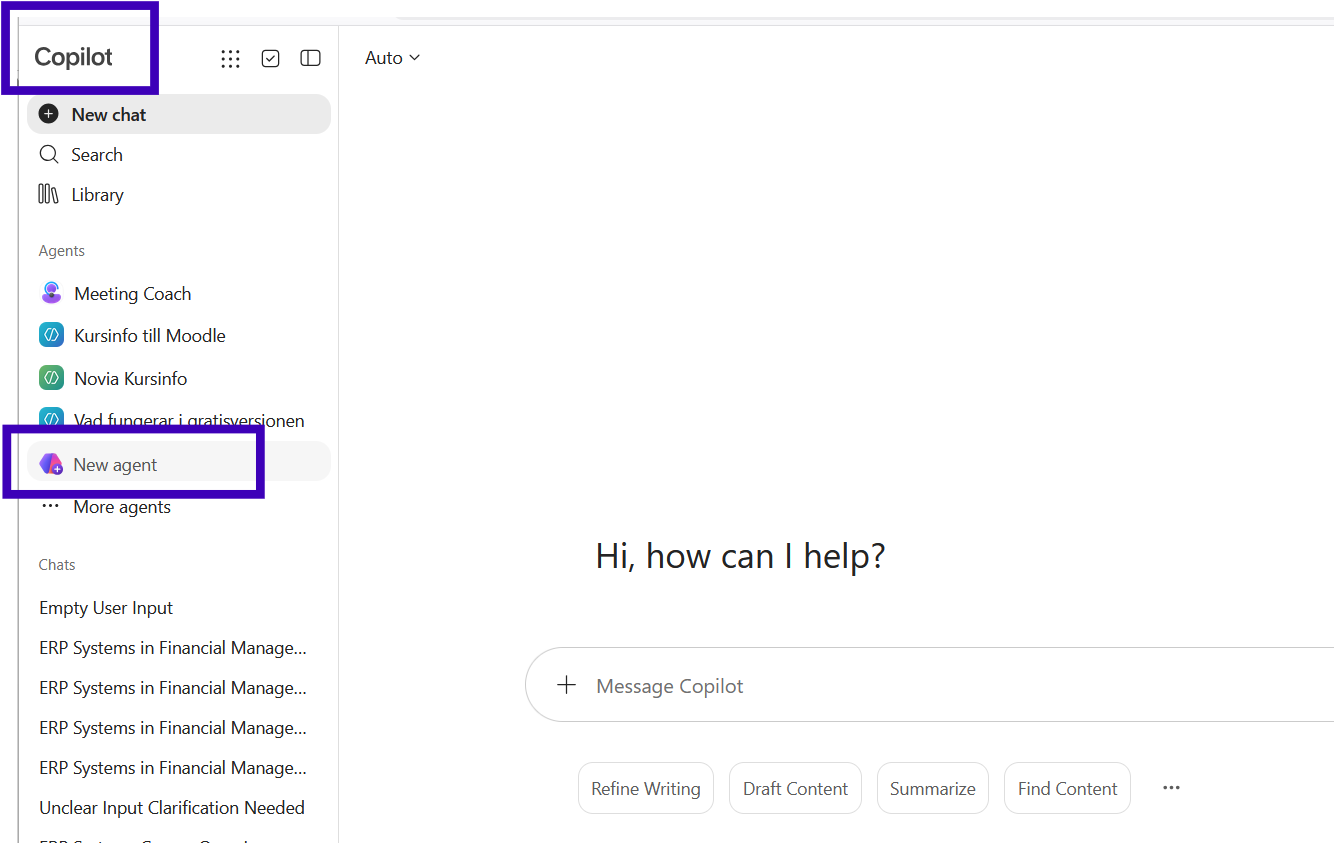 Microsoft Copilot med New agent markerat.