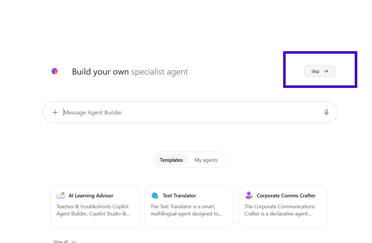 Copilot Agent Builder med Skip markerat.