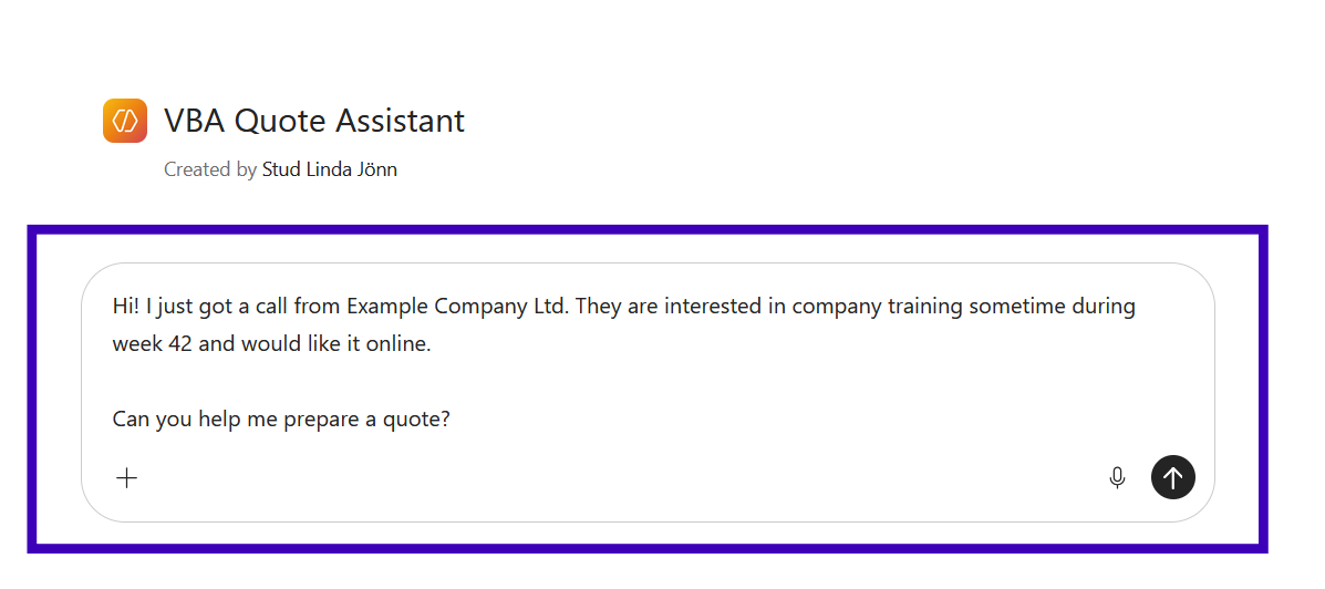 Exempel på testmeddelande i en Copilot-agent.