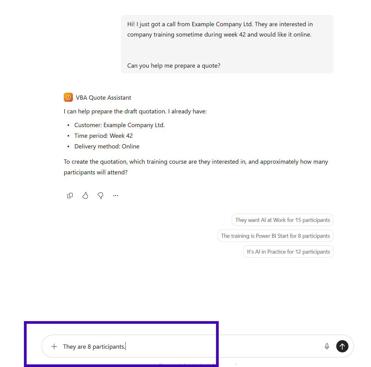 Exempel på fortsatt test av en Copilot-agent.