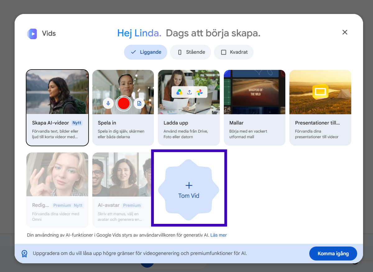 Google Vids startsida med Liggande och Tom Vid markerade.