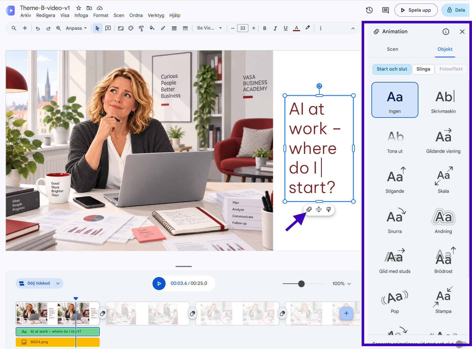 Google Vids animationspanel öppen för ett textobjekt.