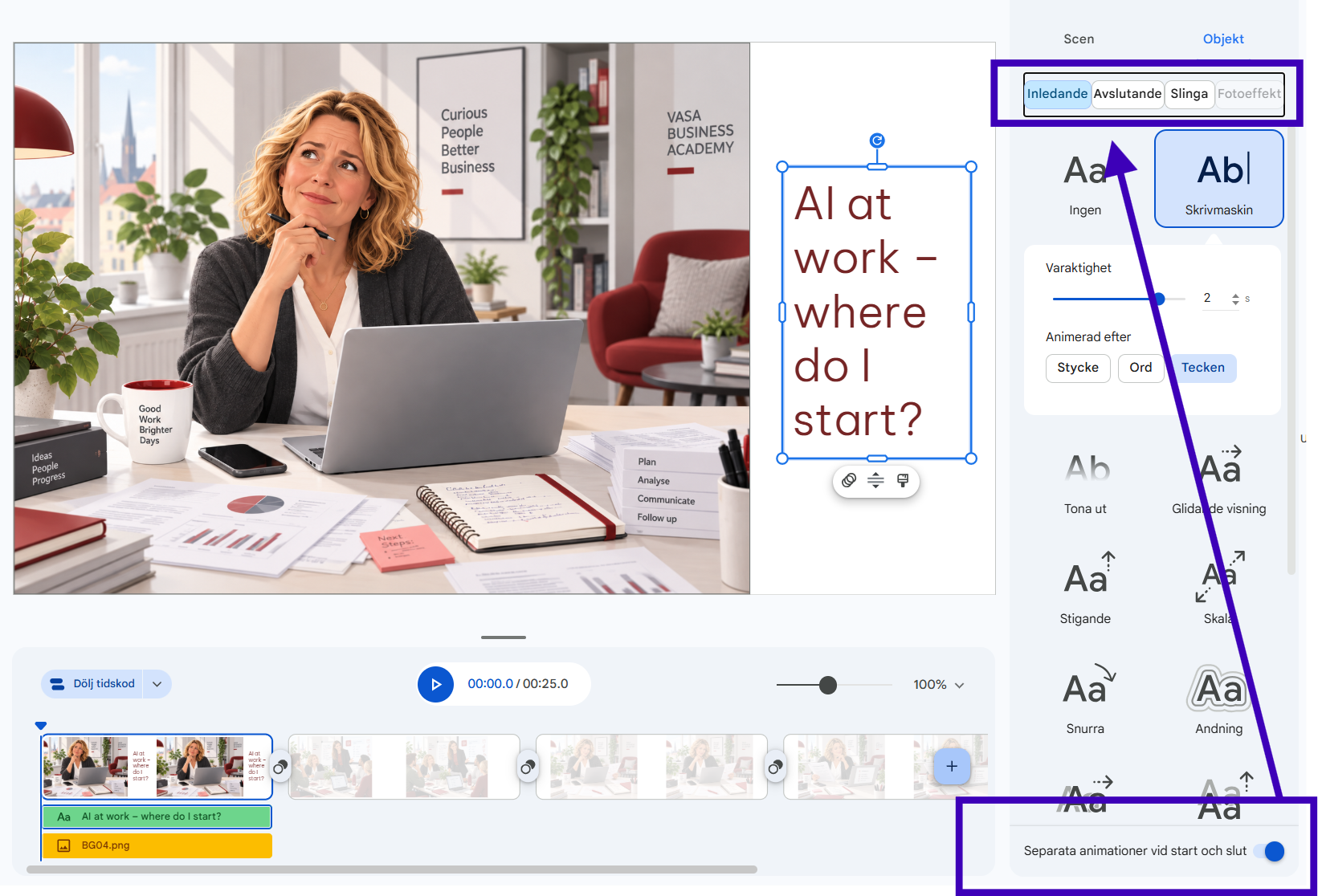 Google Vids animationspanel med inledande animation och separata start- och slutanimationer markerade.