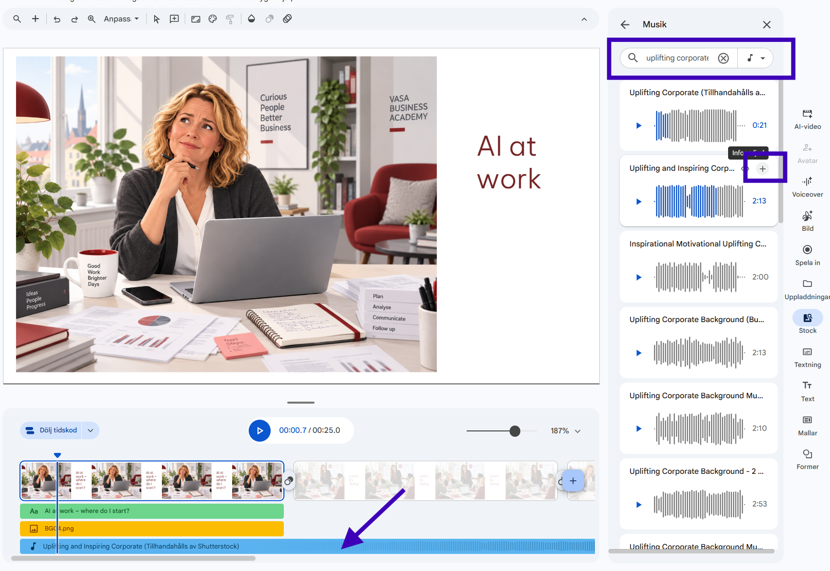 Google Vids musikbibliotek med en sökning och plusknapp för att lägga till ett musikspår.