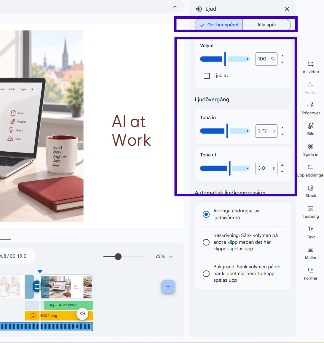 Google Vids ljudpanel med volym, tona in och tona ut.