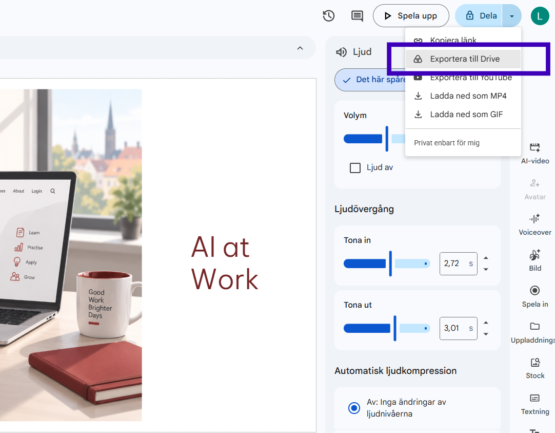 Google Vids Dela-meny där Exportera till Drive är markerat.