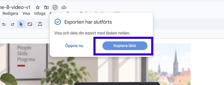 Google Vids dialogruta för slutförd export med Kopiera länk markerat.