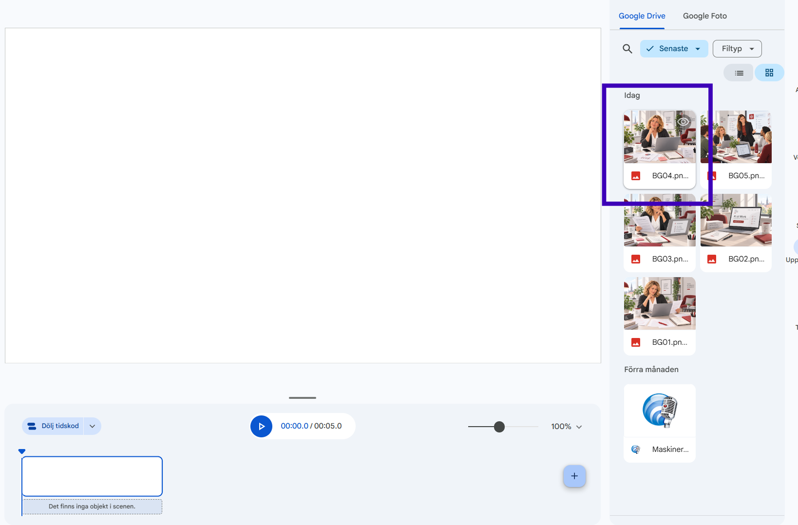 Google Drive-panel i Vids med flera bilder att välja mellan.