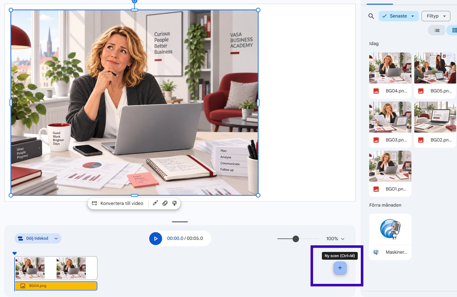 Google Vids med första bilden infogad och plusknappen för ny scen markerad.
