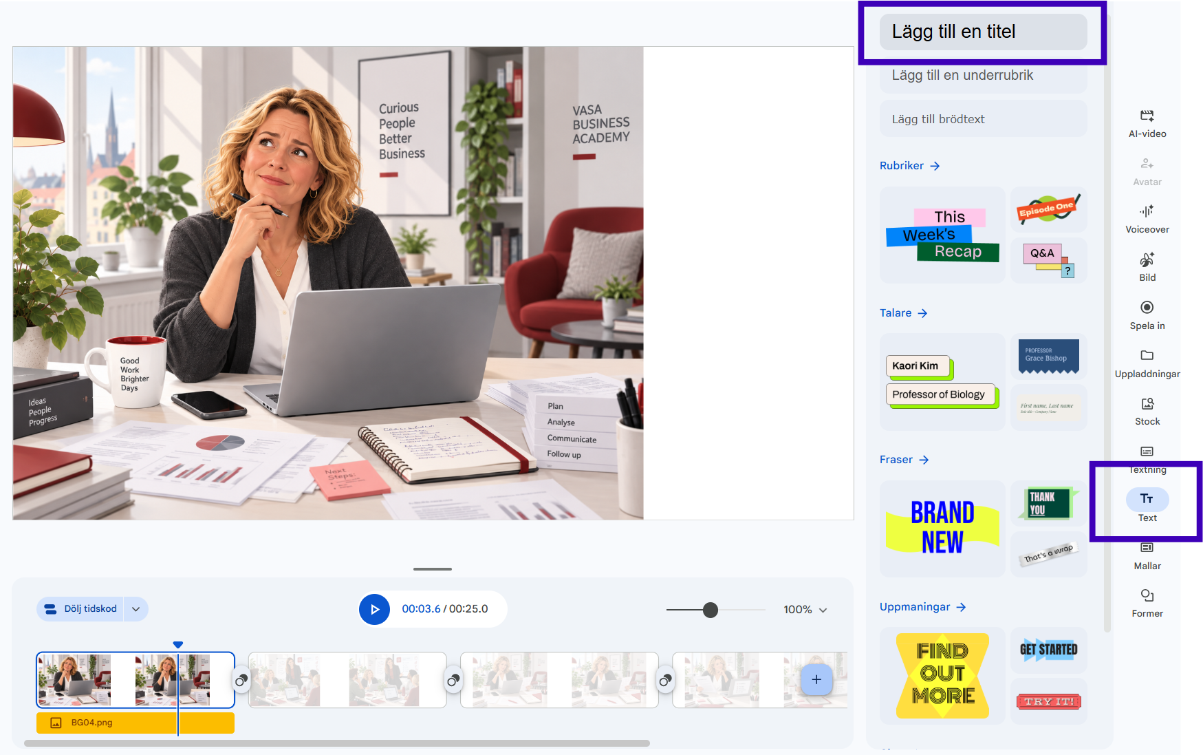 Google Vids textpanel där Lägg till en titel är markerat.