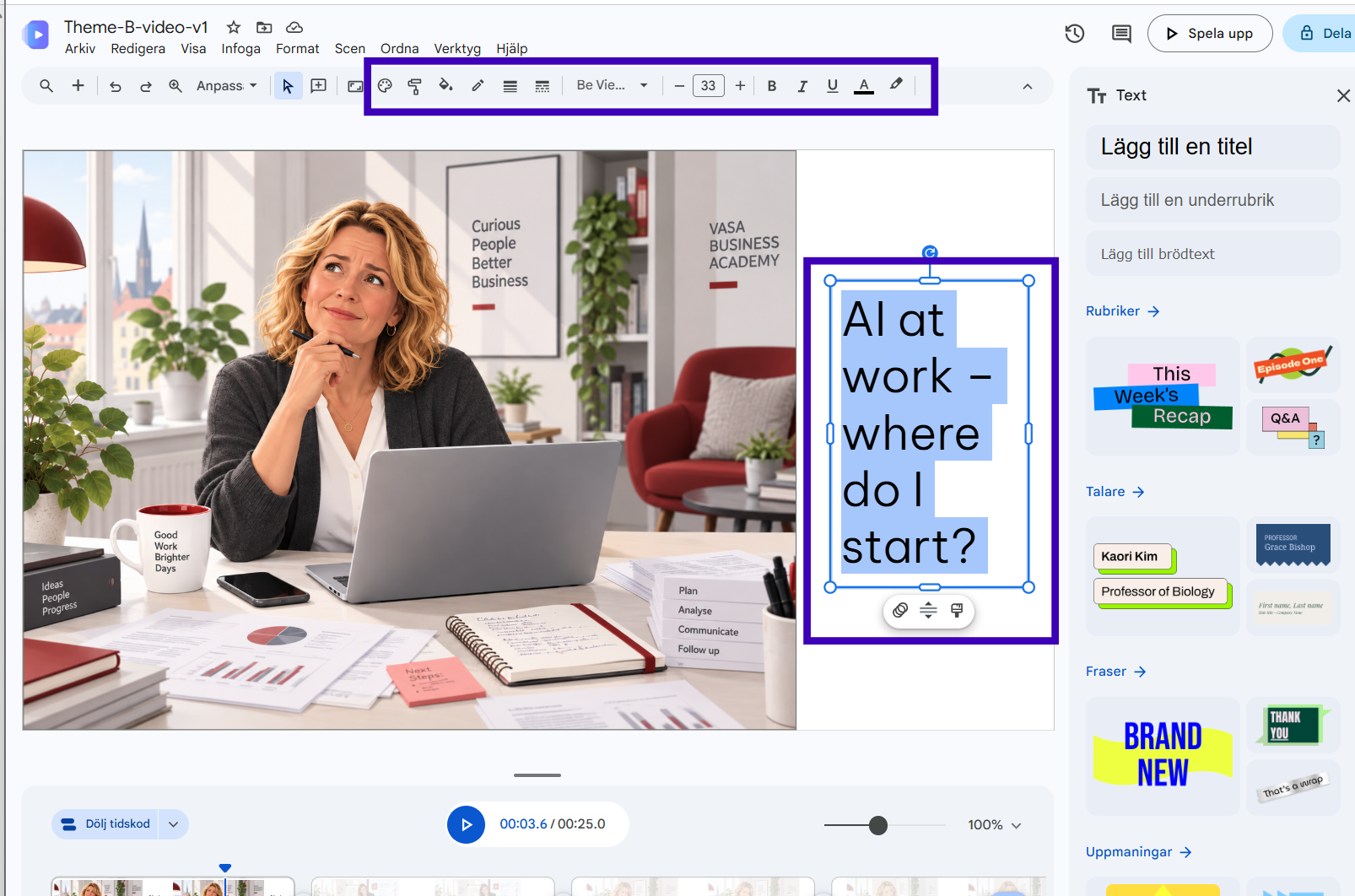 Google Vids med formateringsverktygen för en markerad textruta.